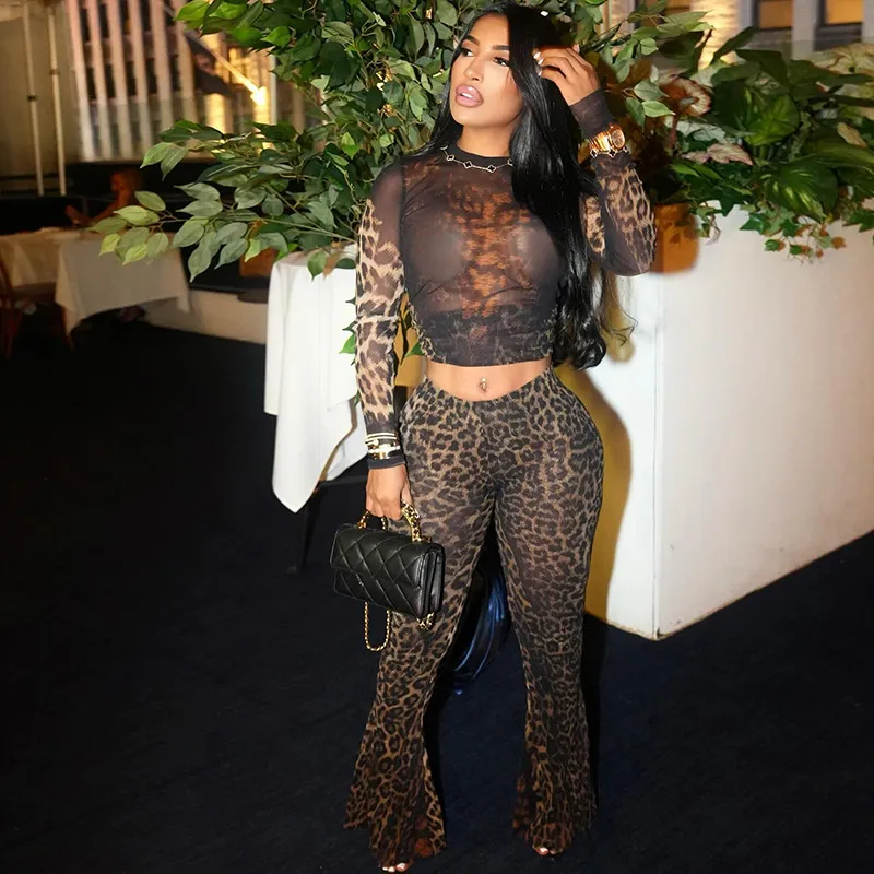 Autumn Women Fashion Leopard Print Round Neck Long Sleeve Crop Top High Waist Pants Two-Piece Set
