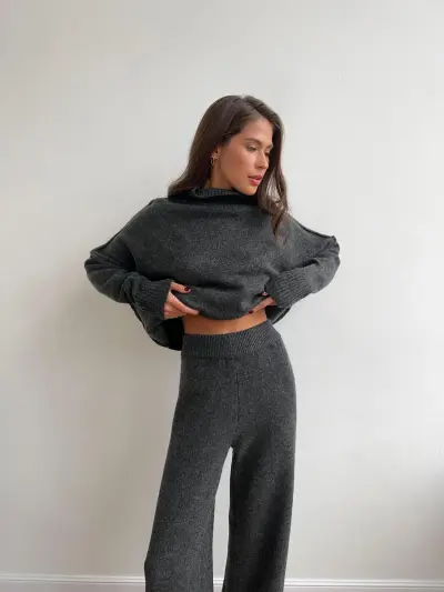 Autumn Winter Women Loose Casual High Neck Split Long Sleeve Knitted Sweater Pants Two-Piece Set