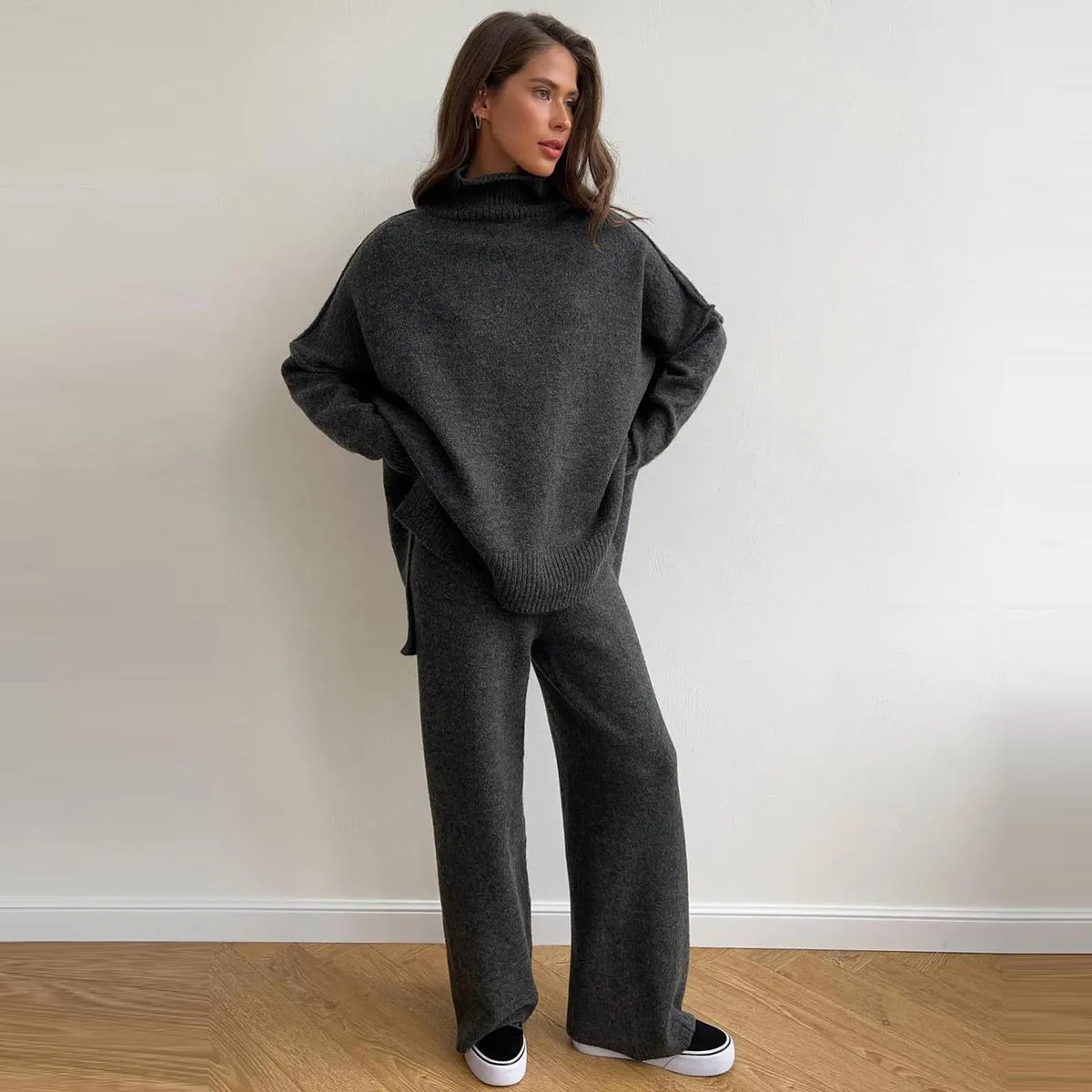 Autumn Winter Women Loose Casual High Neck Split Long Sleeve Knitted Sweater Pants Two-Piece Set