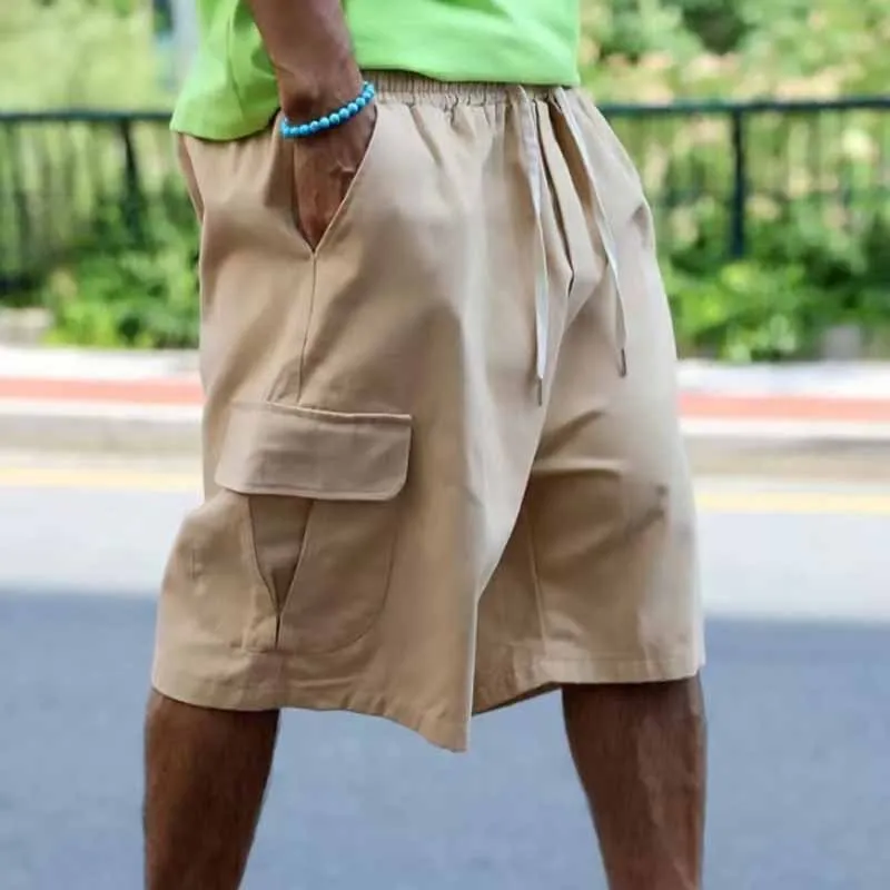 Men Summer Casual Solid Color Multi-Pocket Loose Cargo Shorts