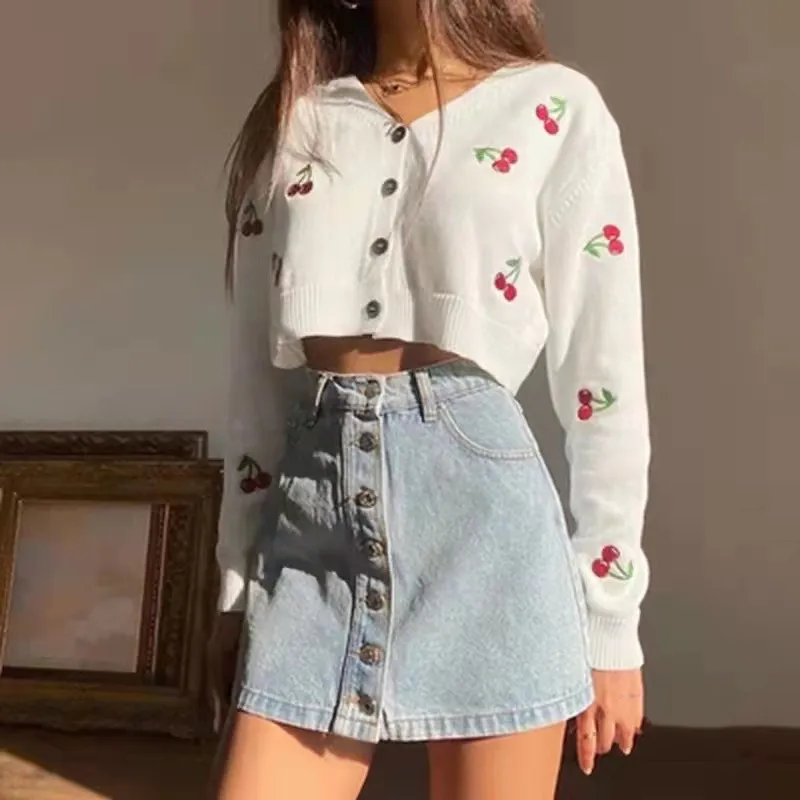 Women Cute Cherry Long Sleeve V-Neck Knitted Cardigan