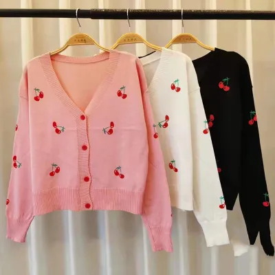Women Cute Cherry Long Sleeve V-Neck Knitted Cardigan