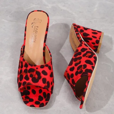Women Fashion Plus Size Leopard Print Open Square Toe Suede High Heel Slippers