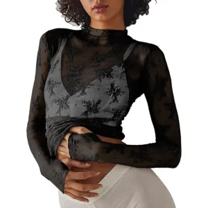 Women Fashion Sexy Lace Perspective Round Neck Long Sleeve Base Shirt