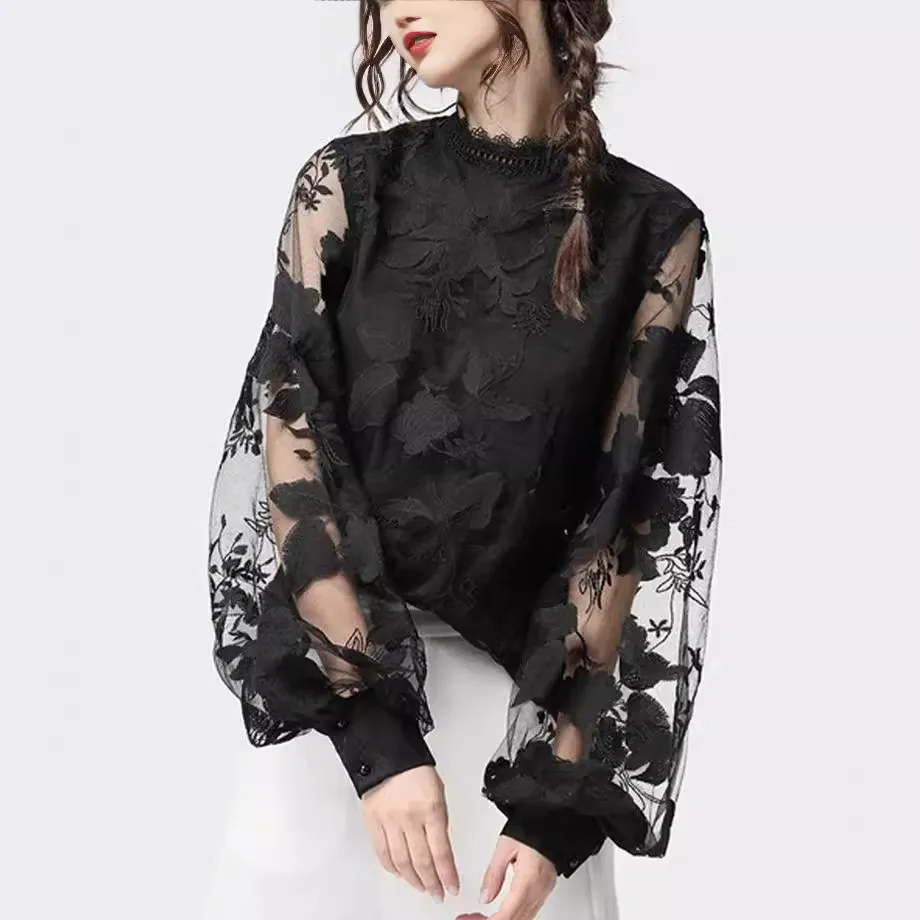 Women Lace Puff Sleeve Solid Color Blouse