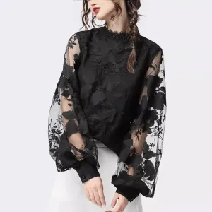 Women Lace Puff Sleeve Solid Color Blouse