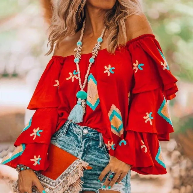 Women Fashion Bohemian Ethnic Print Off Shoulder Long Sleeve Blouse