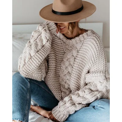 Autumn Winter Women Loose Solid Color Twist Knitted Sweater