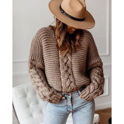 Autumn Winter Women Loose Solid Color Twist Knitted Sweater