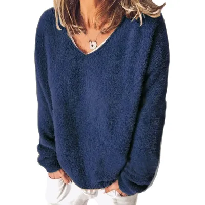 Autumn Winter Women V-Neck Long Sleeve Solid Color Pullover Sweater
