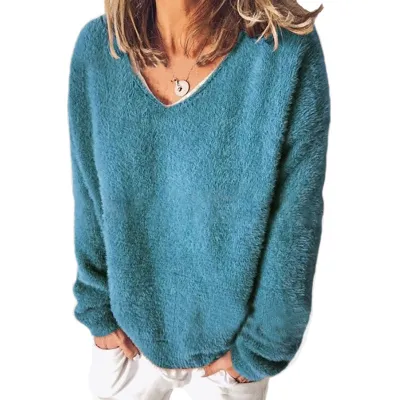 Autumn Winter Women V-Neck Long Sleeve Solid Color Pullover Sweater