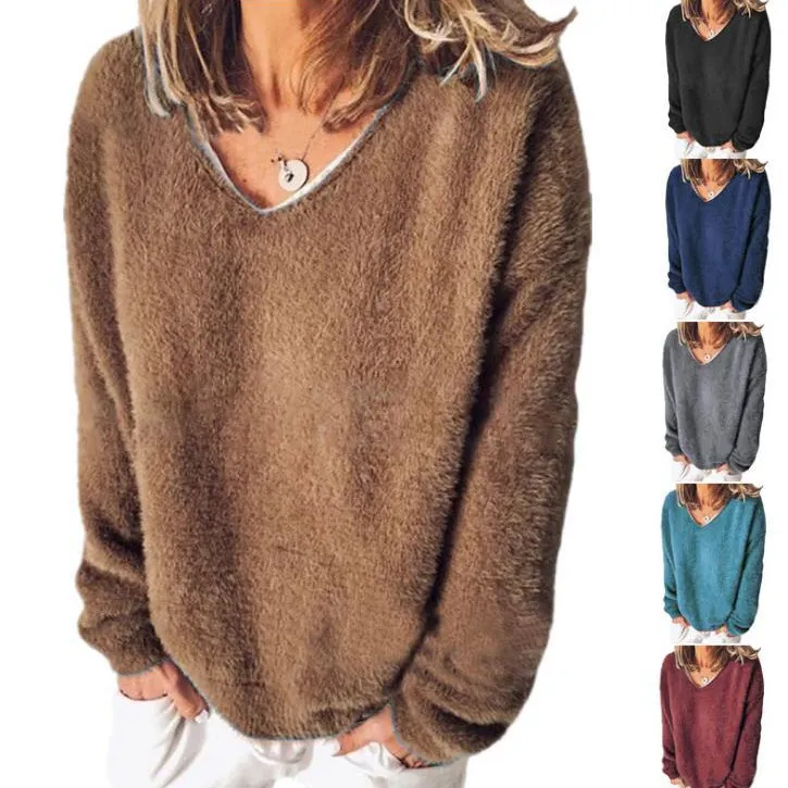 Autumn Winter Women V-Neck Long Sleeve Solid Color Pullover Sweater
