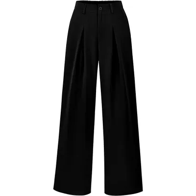Women Casual Solid Color Loose Wide-Leg High Waist Polyester Pants