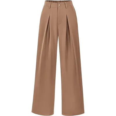 Women Casual Solid Color Loose Wide-Leg High Waist Polyester Pants
