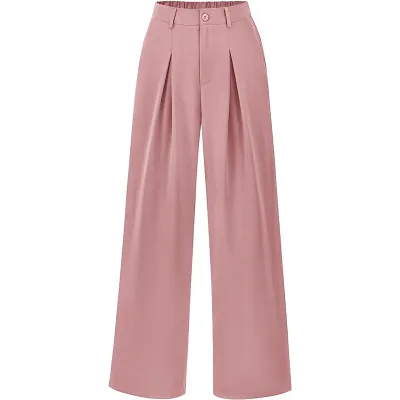 Women Casual Solid Color Loose Wide-Leg High Waist Polyester Pants