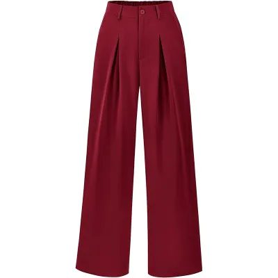 Women Casual Solid Color Loose Wide-Leg High Waist Polyester Pants