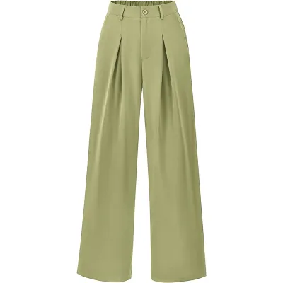 Women Casual Solid Color Loose Wide-Leg High Waist Polyester Pants