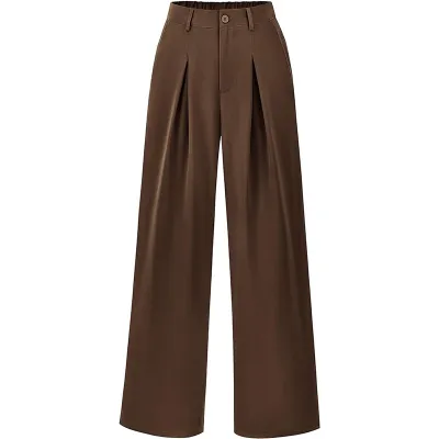 Women Casual Solid Color Loose Wide-Leg High Waist Polyester Pants