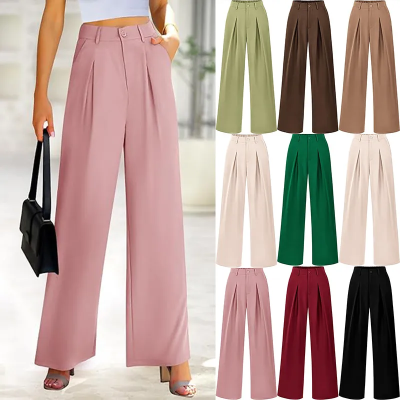 Women Casual Solid Color Loose Wide-Leg High Waist Polyester Pants