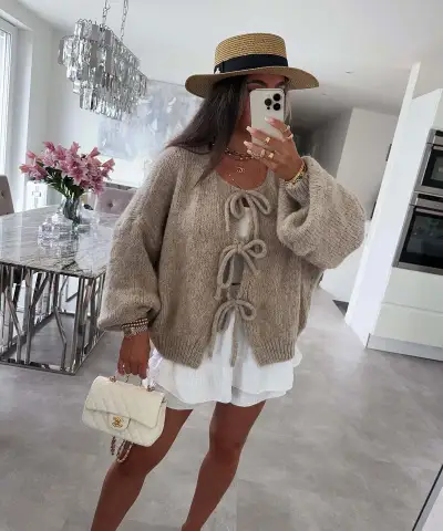 Autumn Winter Women Lace-Up Cardigan Knitted Sweater