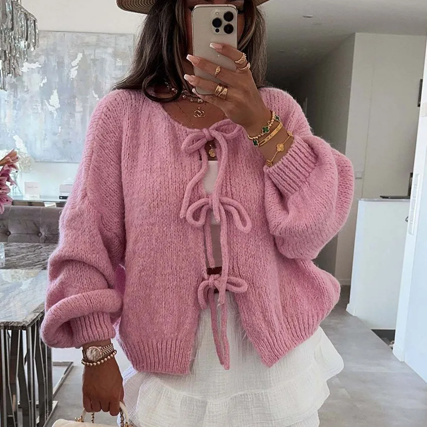 Autumn Winter Women Lace-Up Cardigan Knitted Sweater