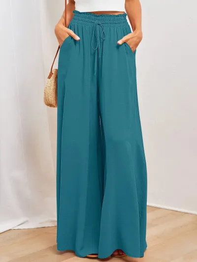 Summer Women Casual Loose Drawstring Wide Leg Flared Pants