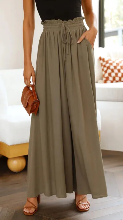 Summer Women Casual Loose Drawstring Wide Leg Flared Pants