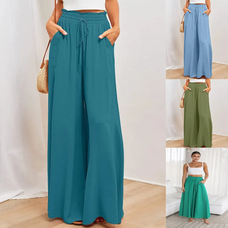 Summer Women Casual Loose Drawstring Wide Leg Flared Pants