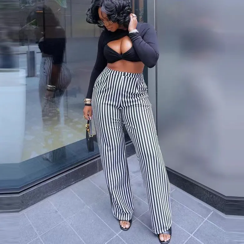 Women Casual Stripe Printed High Waist Straight Leg Micro Flare Pants