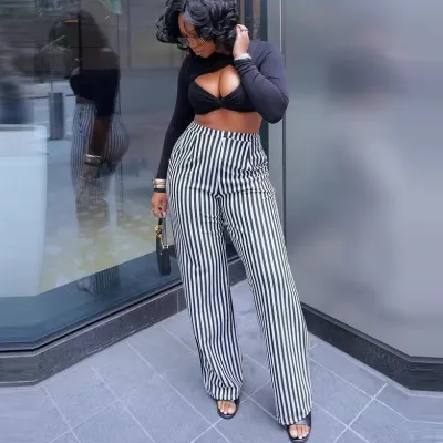 Women Casual Stripe Printed High Waist Straight Leg Micro Flare Pants