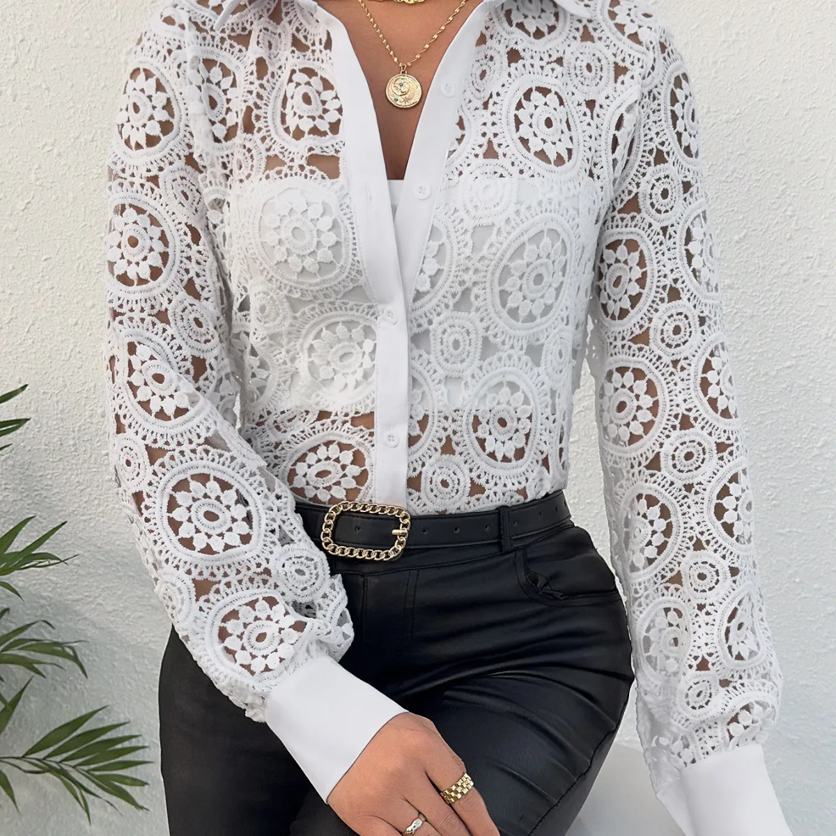 Women Elegant V-Neck Lace Long Sleeve Blouse