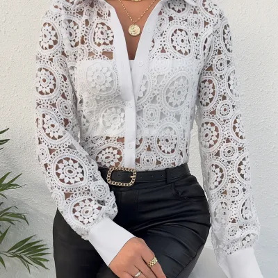 Women Elegant V-Neck Lace Long Sleeve Blouse