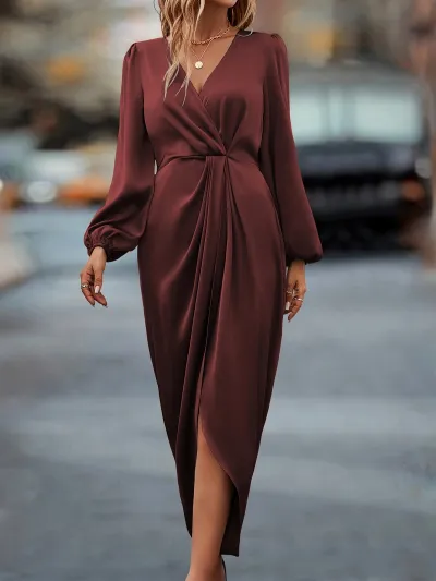 Summer Women Elegant Crossover V-Neck Creased Long Sleeve Midi Dress