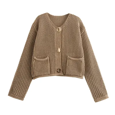 Autumn Winter Women's Hollow Knit Cardigan Sweater Coat