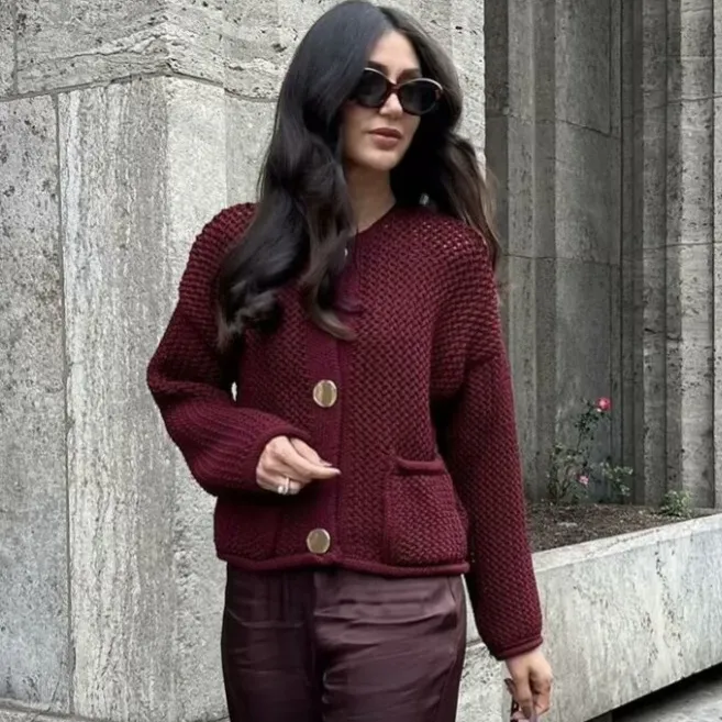 Autumn Winter Women's Hollow Knit Cardigan Sweater Coat