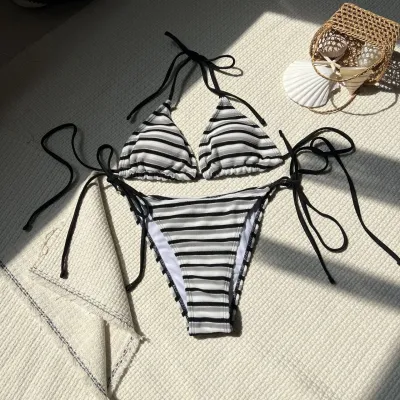Summer Women Sexy Stripe Lace-Up Halter Neck Bikini Swimsuit Set
