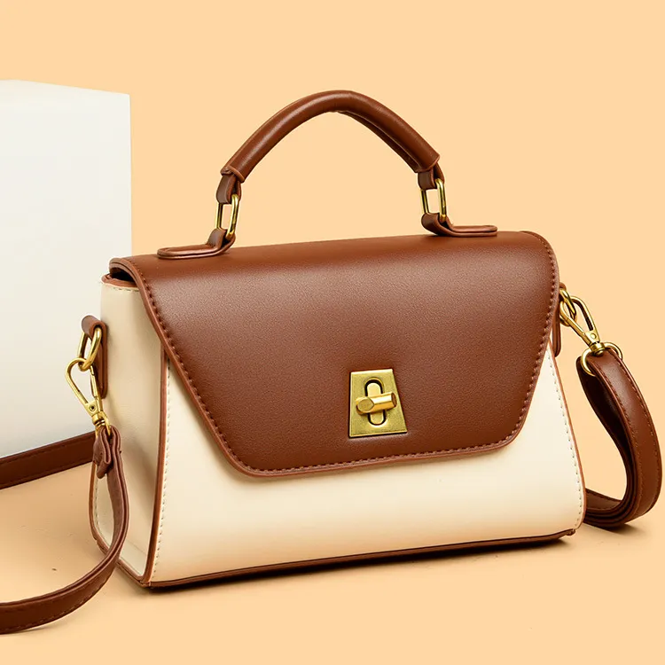 Women Fashion Retro Flap Lock PU Handle Shoulder Bag Small Square