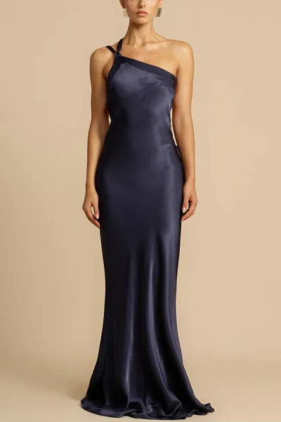 Women Fashion Sexy Satin Oblique Shoulder Slim Maxi Party Dress