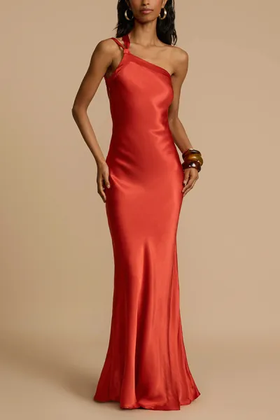 Women Fashion Sexy Satin Oblique Shoulder Slim Maxi Party Dress