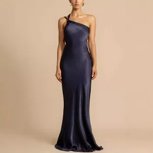 Women Fashion Sexy Satin Oblique Shoulder Slim Maxi Party Dress