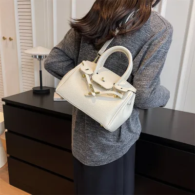 Women Fashionable Simple Large Capacity PU Lock Handle Kelly Shoulder Bag
