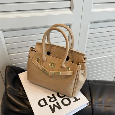 Women Fashionable Simple Large Capacity PU Lock Handle Kelly Shoulder Bag