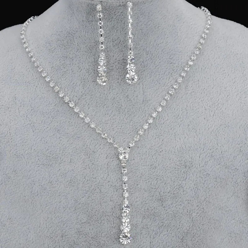 Simple Bridal Rhinestone Necklace and Earrings Two-Piece Jewelry Set