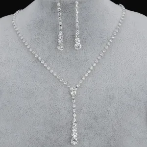 Simple Bridal Rhinestone Necklace and Earrings Two-Piece Jewelry Set