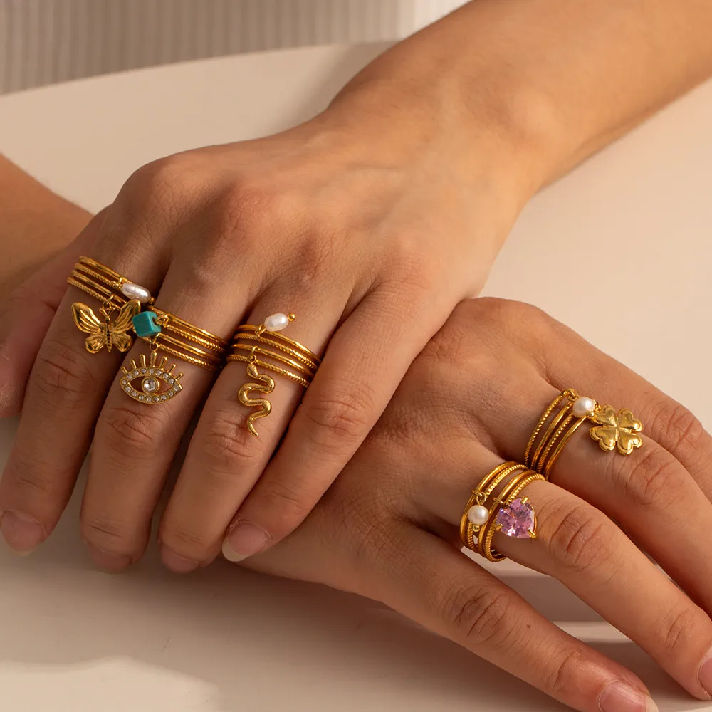 Women Fashion Floral Butterfly Zircon Pendant Ring Stainless Steel Geometric Instagram Style Open Ring