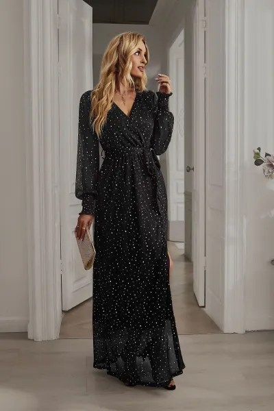 Women Sexy V-Neck Sequin Split Long Sleeve Party Dress