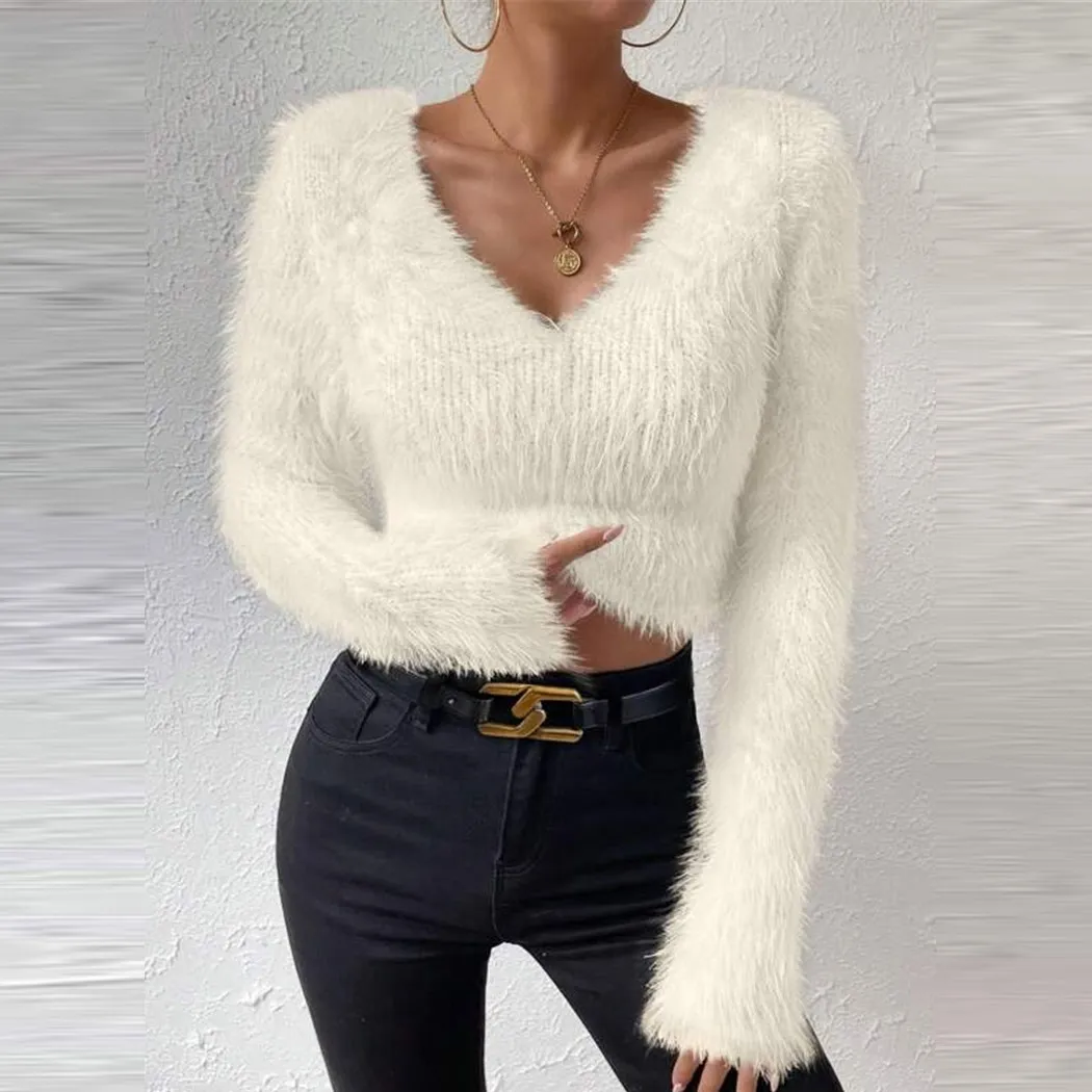Autumn Winter Women Fashion V-Neck Slim-Fit Long Sleeve Plush Short Sweater
