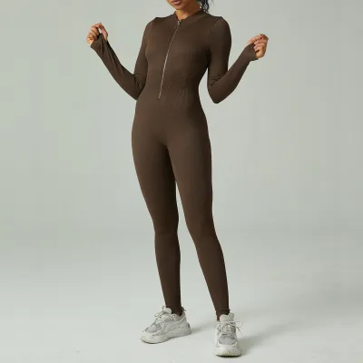 Women Casual Long Sleeve Tight Zipper Sports Fitness Yoga Jumpsuit