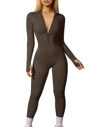 Women's Casual Street Hipster Long Sleeve Zipper Tight Sport Yoga Jumpsuit