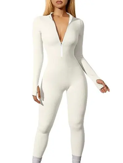 Women's Casual Street Hipster Long Sleeve Zipper Tight Sport Yoga Jumpsuit